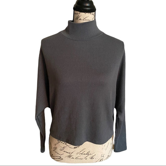 Gray ribbed mock turtleneck shirt on a mannequin with a white background