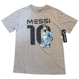 Front of Gray t-shirt with Messi 10 graphic on a white background