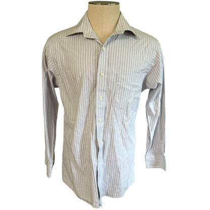 A men's long-sleeve button-down shirt with vertical pinstripes, displayed on a beige dress form mannequin against a plain white background.