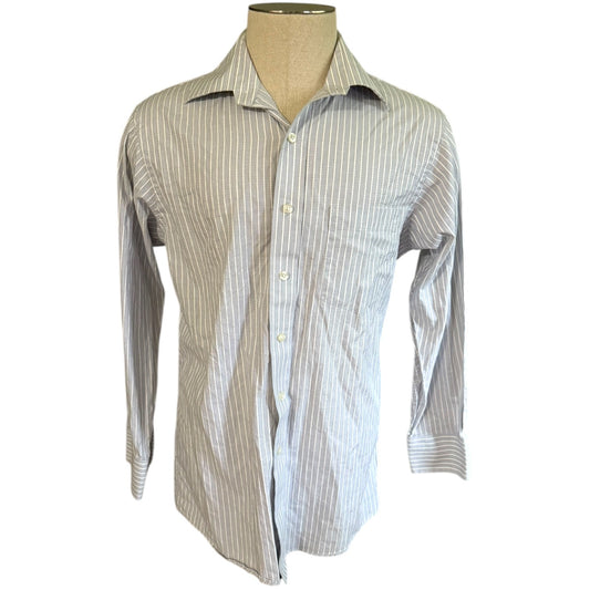 A men's long-sleeve button-down shirt with vertical pinstripes, displayed on a beige dress form mannequin against a plain white background.