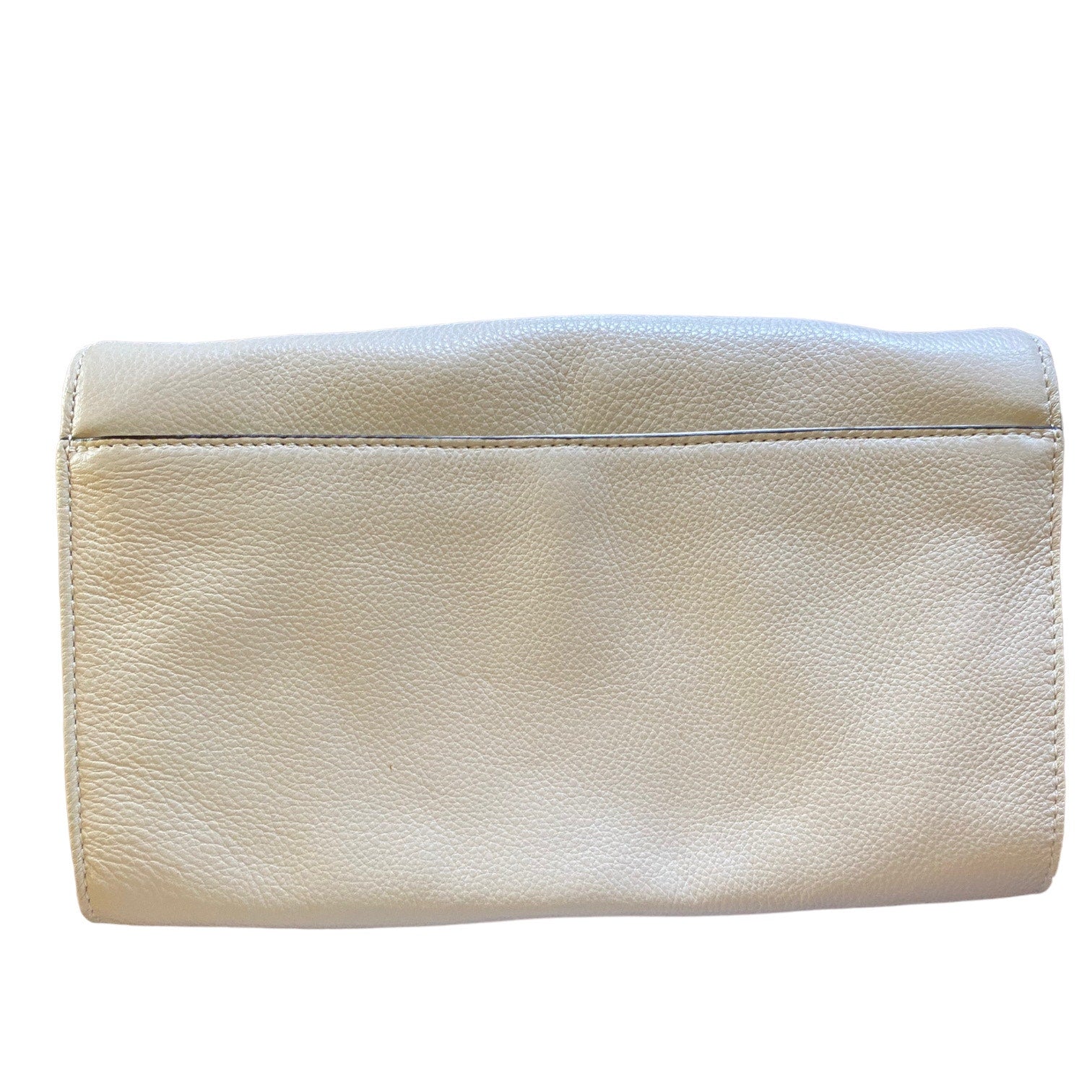 Back of off white leather bag on a white background