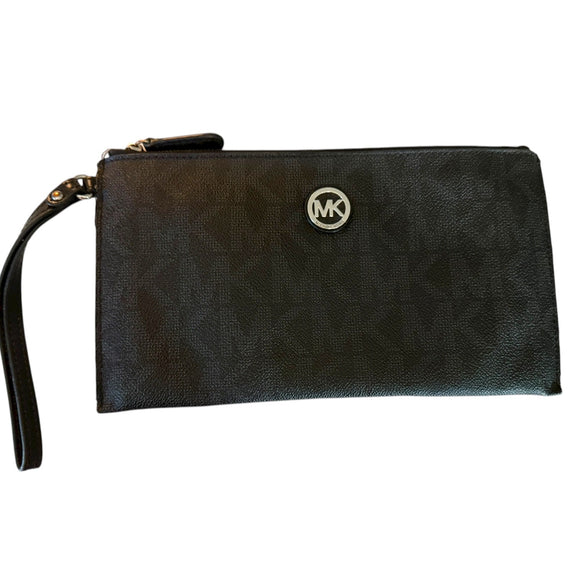 Black clutch with gold wrist strap and MK logo on a white background