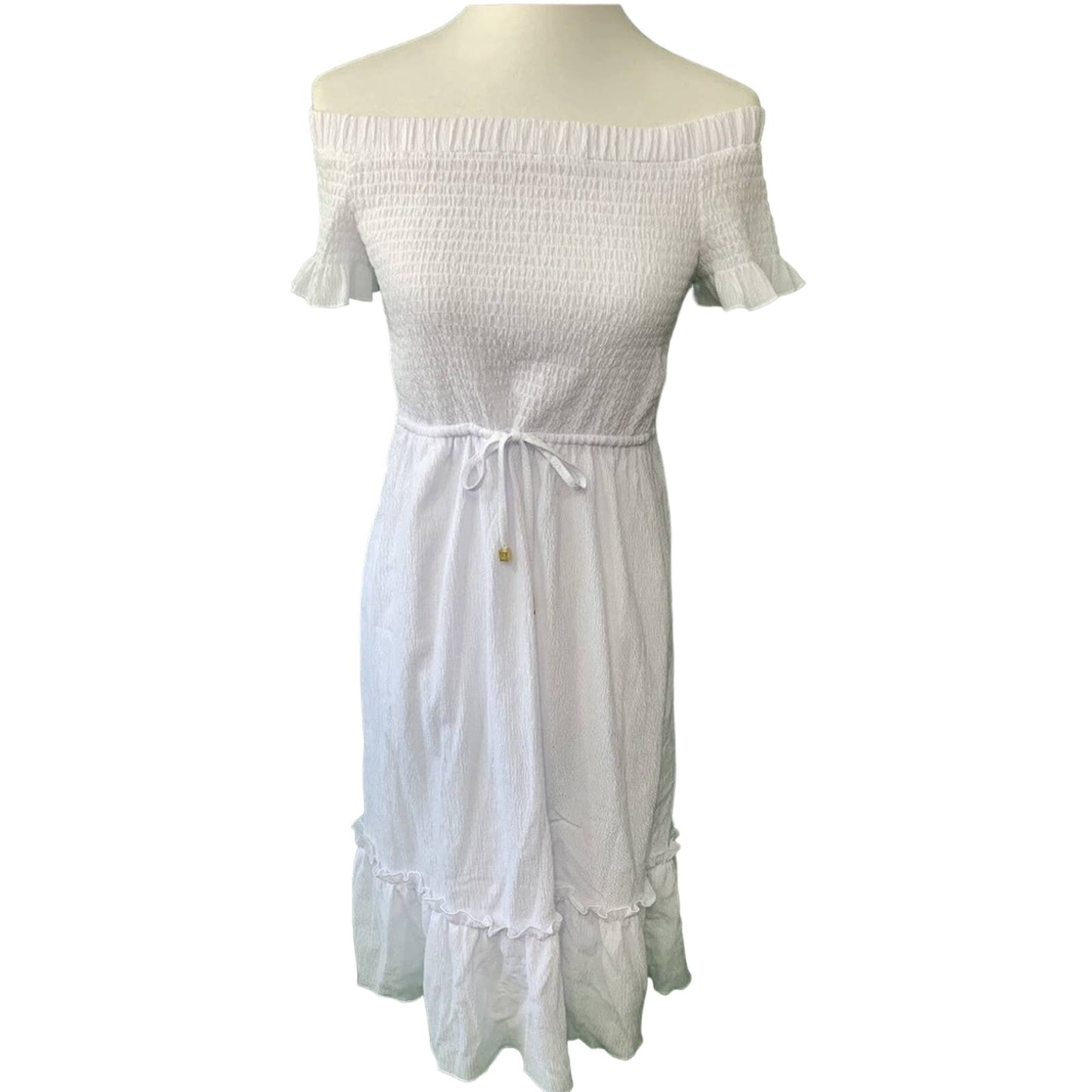 White off-shoulder dress on a mannequin against a white background