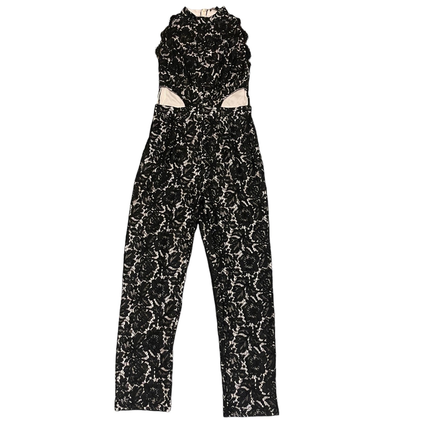 Front of Black floral lace jumpsuit on a white background