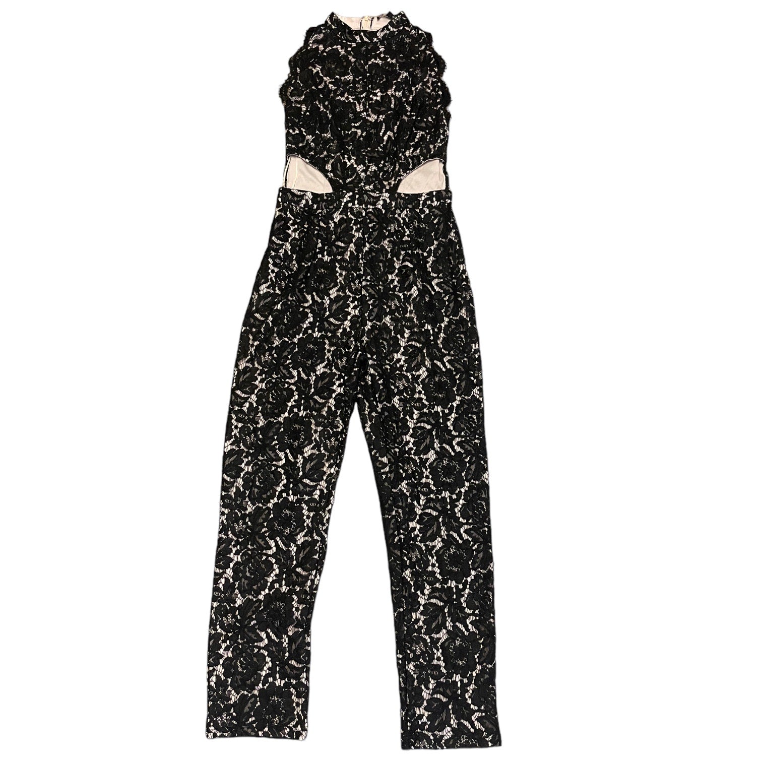Front of Black floral lace jumpsuit on a white background