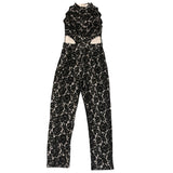 Front of Black floral lace jumpsuit on a white background