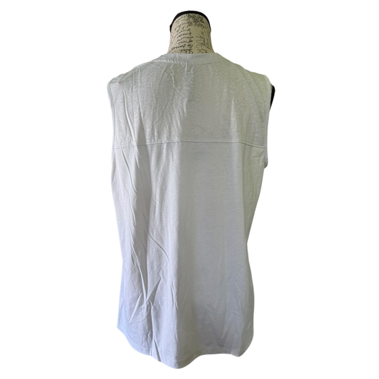 A sleeveless gray top displayed on a dress form mannequin against a plain white background.