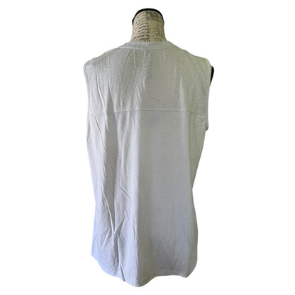 A sleeveless gray top displayed on a dress form mannequin against a plain white background.
