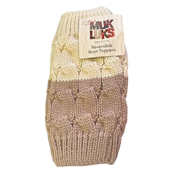 Knitted reversible boot topper with a visible brand label on a white background