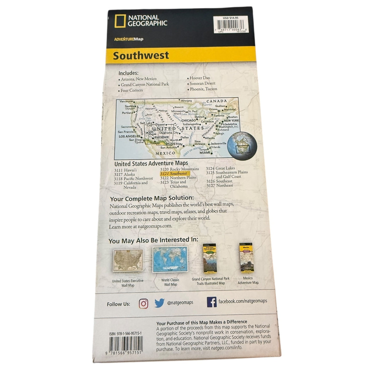 National Geographic Southwest Adventure Map packaging back cover, showing the map details, included areas, and product information on a white background.