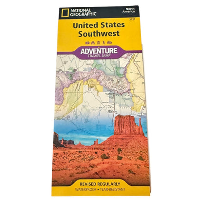 National Geographic Adventure Travel Map of the United States Southwest, featuring a yellow cover with a desert landscape illustration and the National Geographic logo.