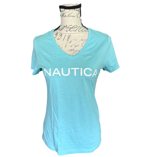 Front of Light blue Nautica t-shirt on a mannequin with a white background