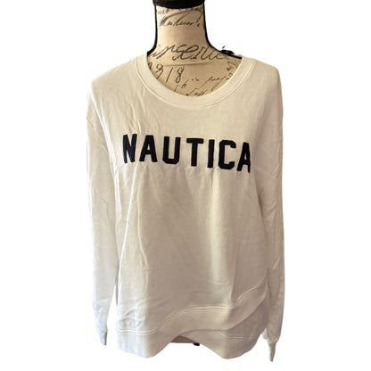 White Nautica sweatshirt on a mannequin with a white background