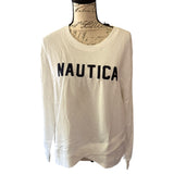 White Nautica sweatshirt on a mannequin with a white background