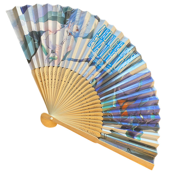Front of Handheld fan with colorful design on a white background