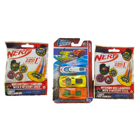 Nerf and car toys in packages