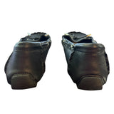 Back of a Pair of black leather shoes on a white background