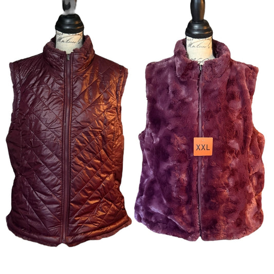 Vest on mannequins, one quilted brown vest and one purple fur vest, on a white background.