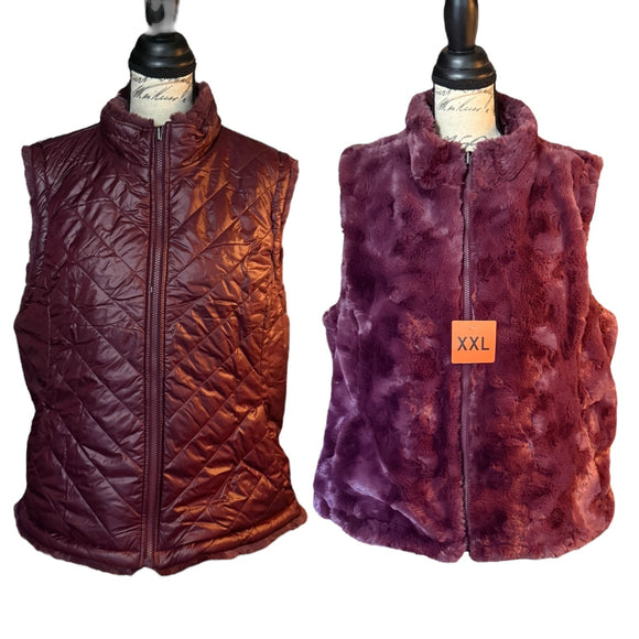 Vest on mannequins, one quilted brown vest and one purple fur vest, on a white background.