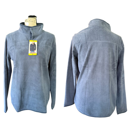 Blue fleece pullover on a mannequin with a tag, shown from front and back on a white background.
