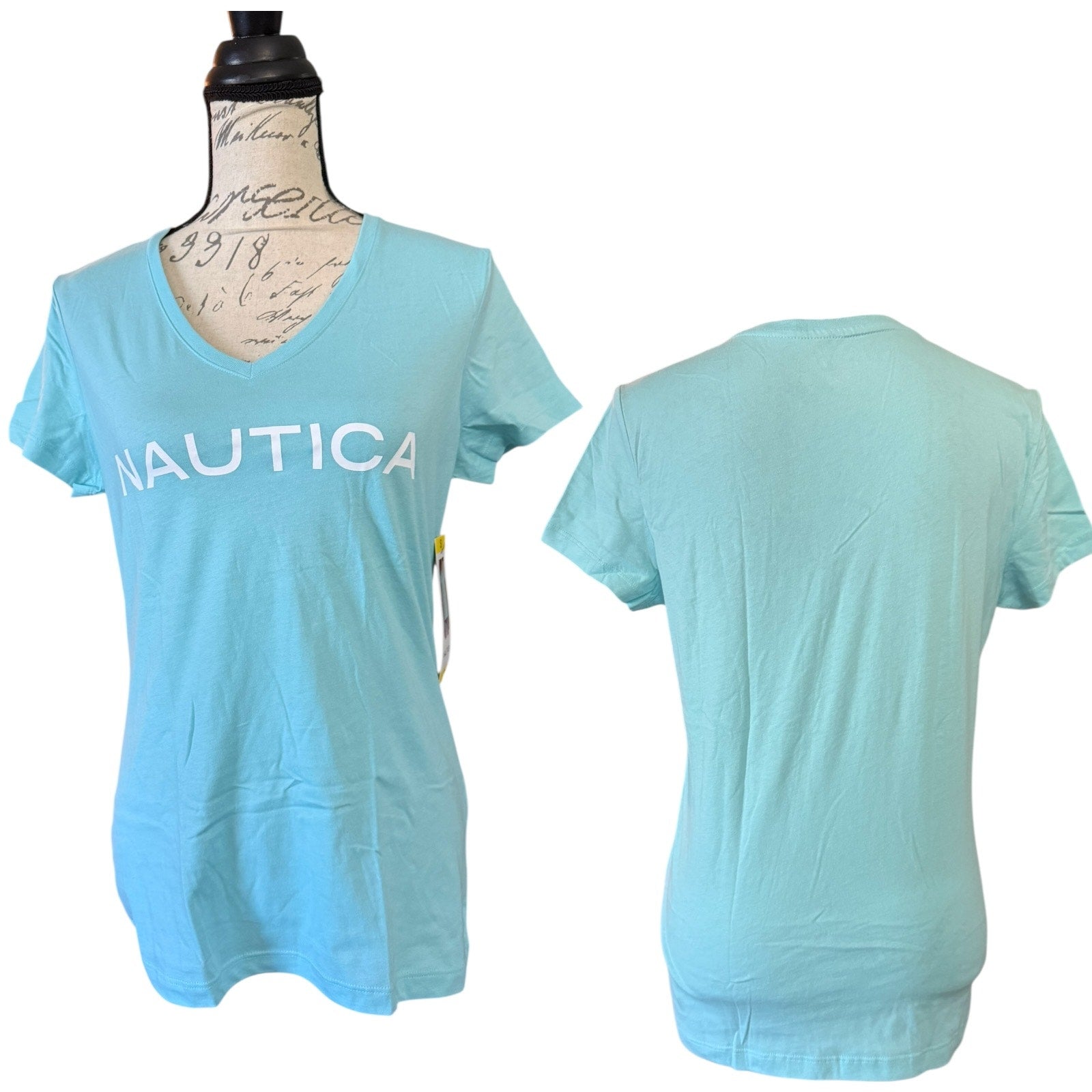 Light blue Nautica t-shirt displayed on a mannequin with a white background
