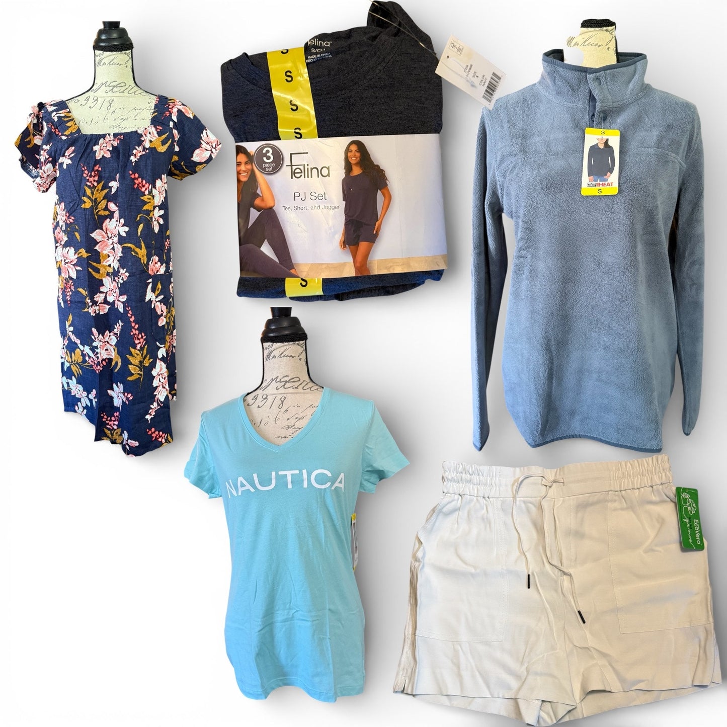 Collection of clothing items including a floral dress, Nautica t-shirt, blue pullover, and beige shorts on mannequins and a white background.