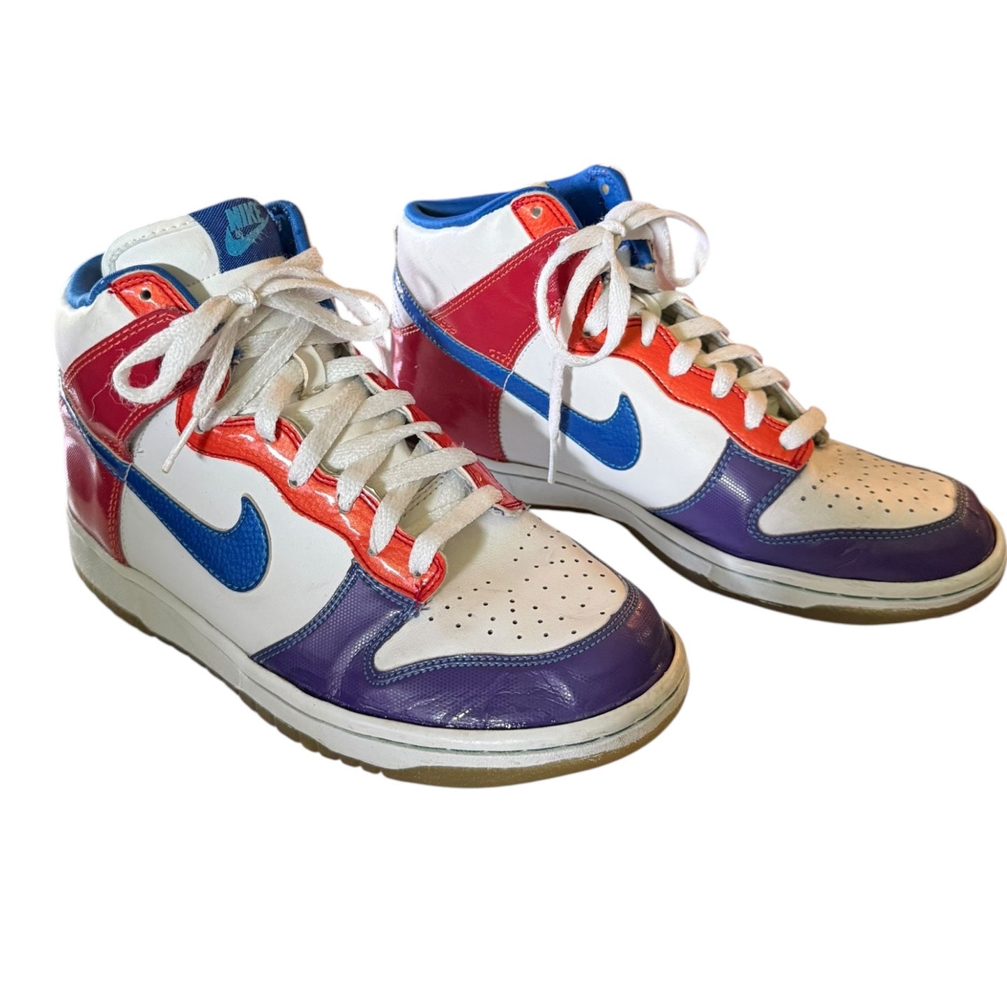 Front side of Colorful sneakers with a prominent brand logo on a white background