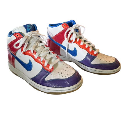 Front side of Colorful sneakers with a prominent brand logo on a white background