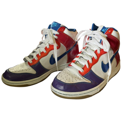 front side of Colorful sneakers with a prominent brand logo on a white background
