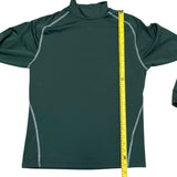 Green athletic shirt with a measuring tape for size reference on a white background