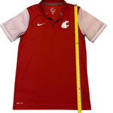 Red polo shirt with Nike logo and measuring tape on a white background