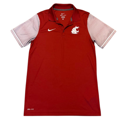 Red Nike polo shirt with a logo on a white background