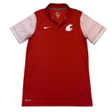 Red Nike polo shirt with a logo on a white background