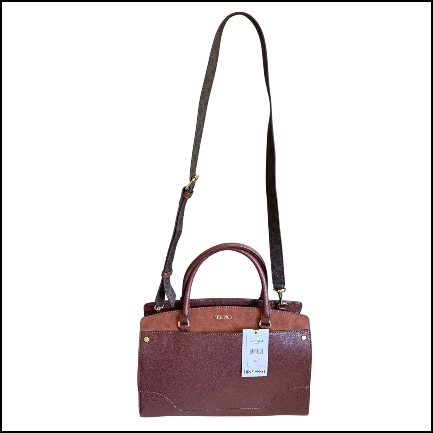Brown handbag with a strap on a white background