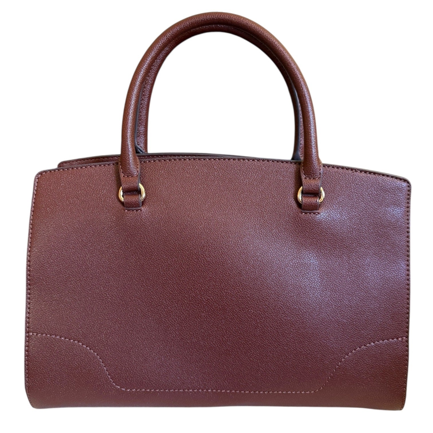 Back of Brown handbag with handles on a white background