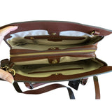 Brown leather handbag interior with gold zippers and hardware on a white background