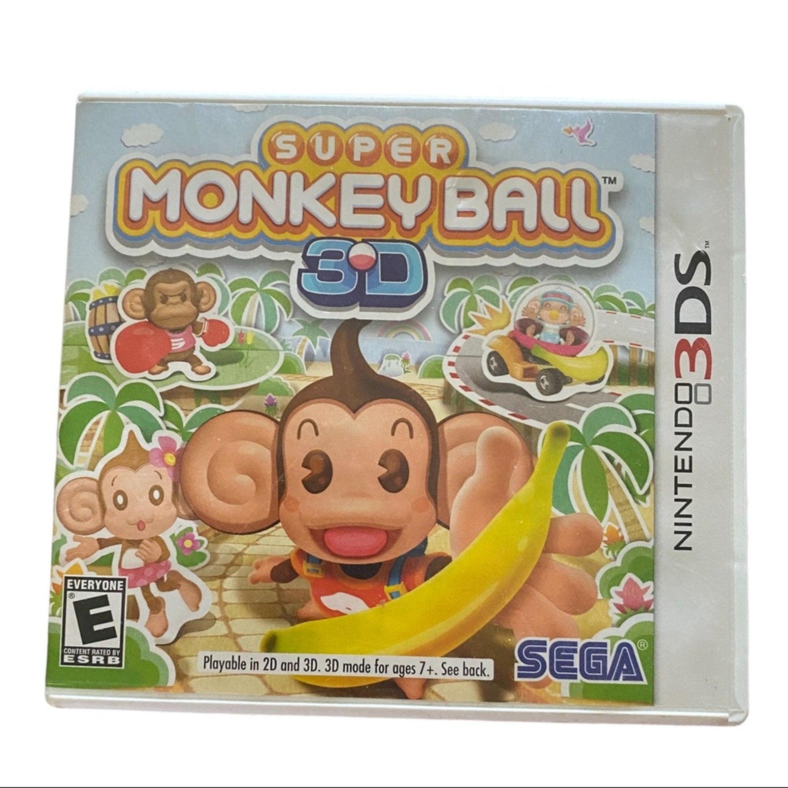 Front of Super Monkey Ball 3D game box for Nintendo 3DS with colorful design and monkey character.