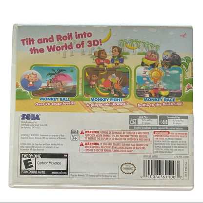 Back of a video game box featuring Sega's 'Monkey Ball' with colorful graphics and text.