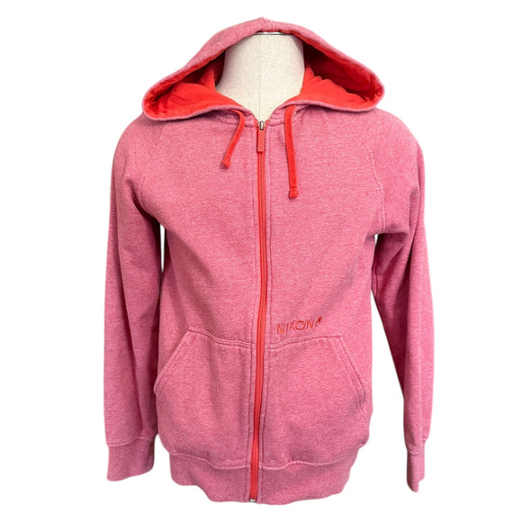 Front of red hoodie with hood up
