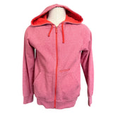 Front of red hoodie with hood up