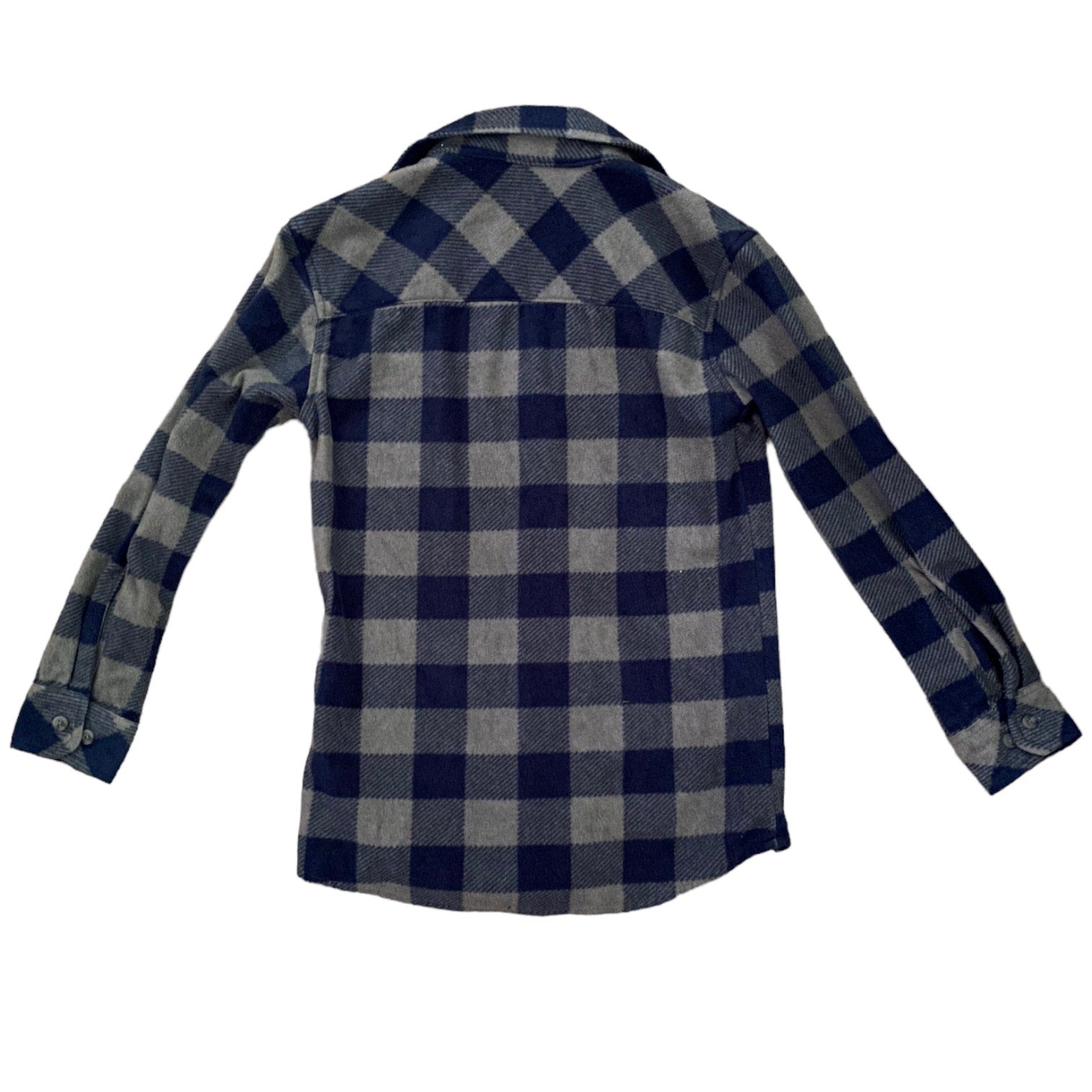 Blue and gray checkered back of shirt on a white background