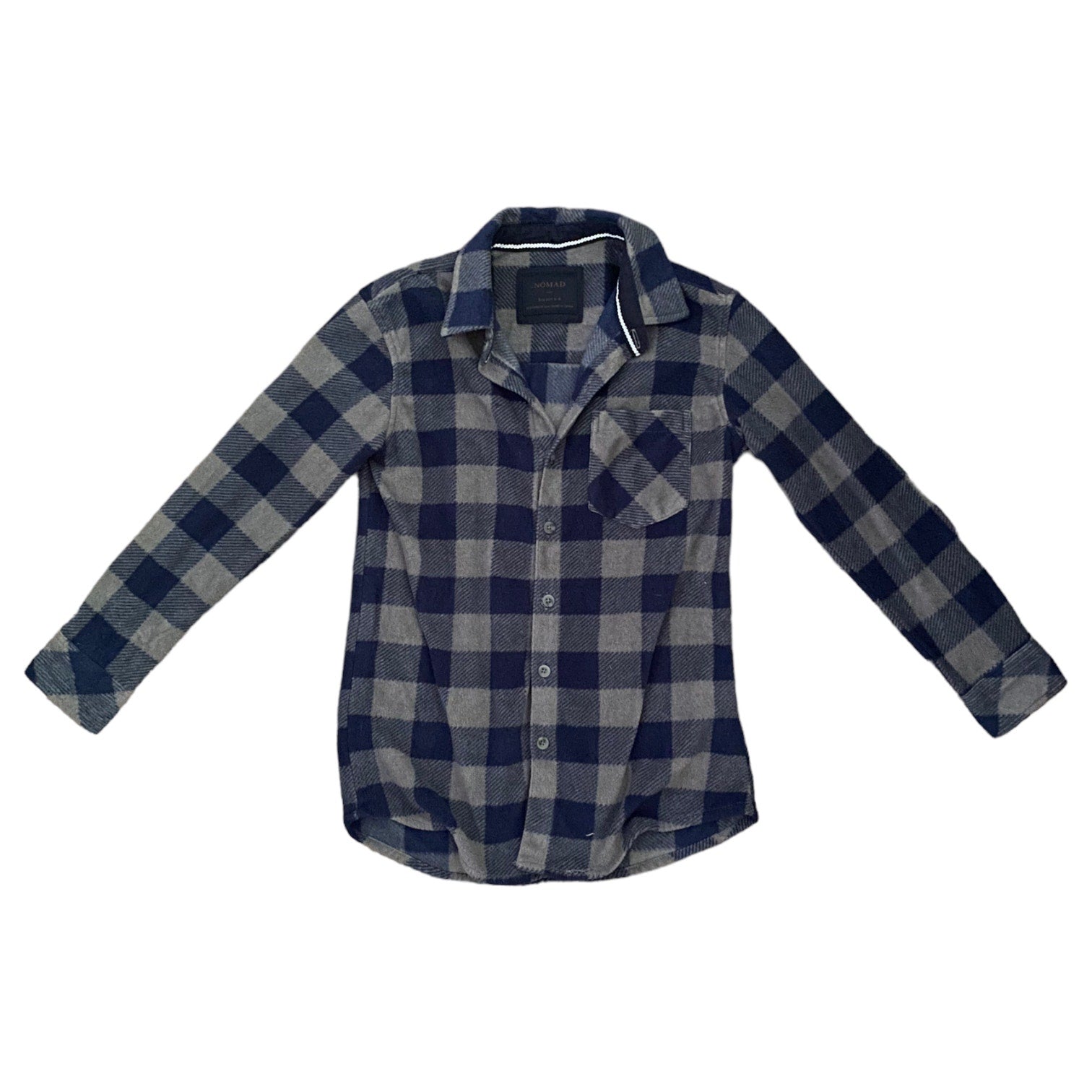 Plaid shirt front with blue and gray pattern on a white background