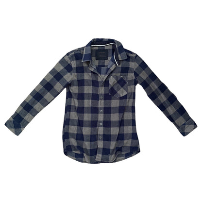 Plaid shirt front with blue and gray pattern on a white background