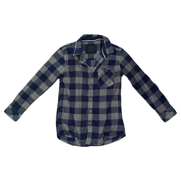 Plaid shirt front with blue and gray pattern on a white background