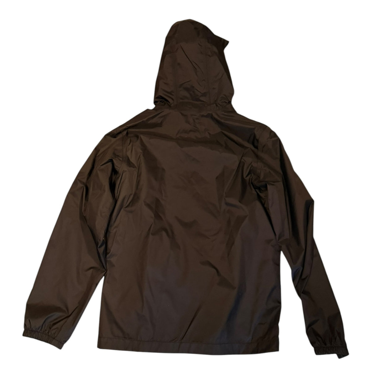 A black hooded jacket shown from the back, laid flat against a solid white background.