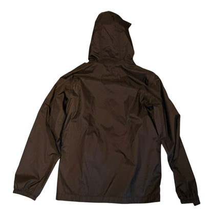 A black hooded jacket shown from the back, laid flat against a solid white background.