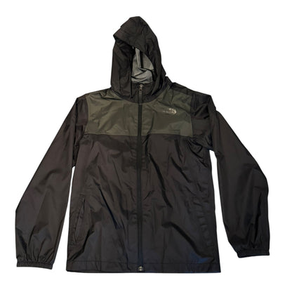 A black hooded rain jacket and a small white embroidered logo on the left chest, displayed flat against a white background.