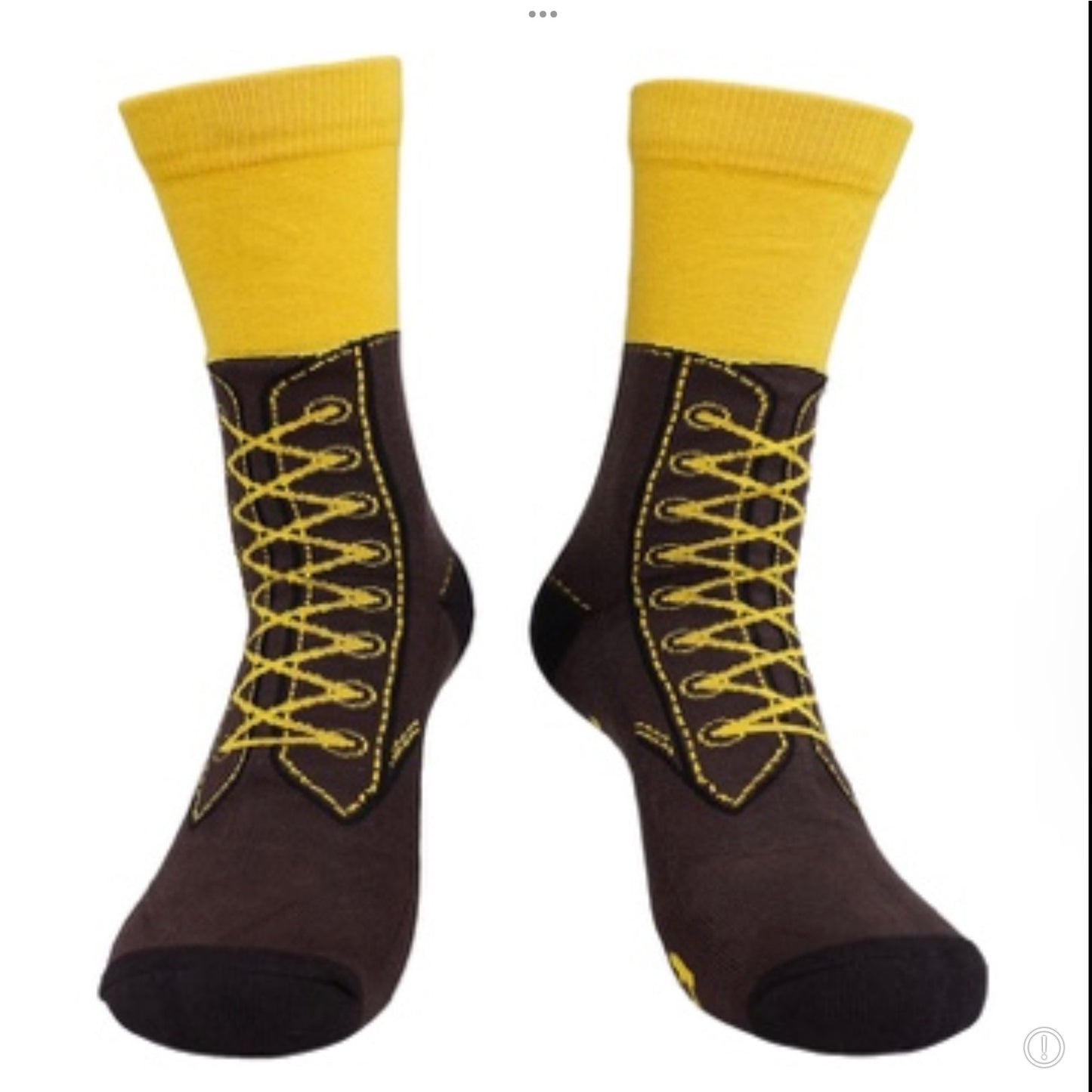 A pair of novelty socks designed to look like brown and yellow shoes with socks, featuring small cats on the back and the text 'If you can read this please rub my feet' on the bottom.