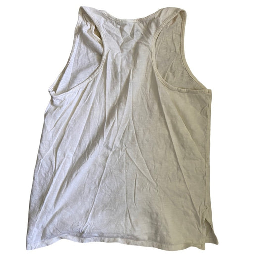 A sleeveless tank top laid flat on a white background.