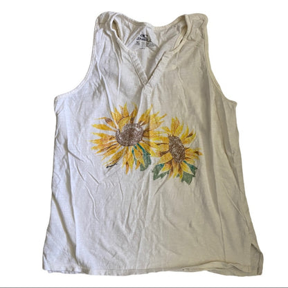 A sleeveless tank top featuring a distressed sunflower graphic on the front, laid flat against a white background.